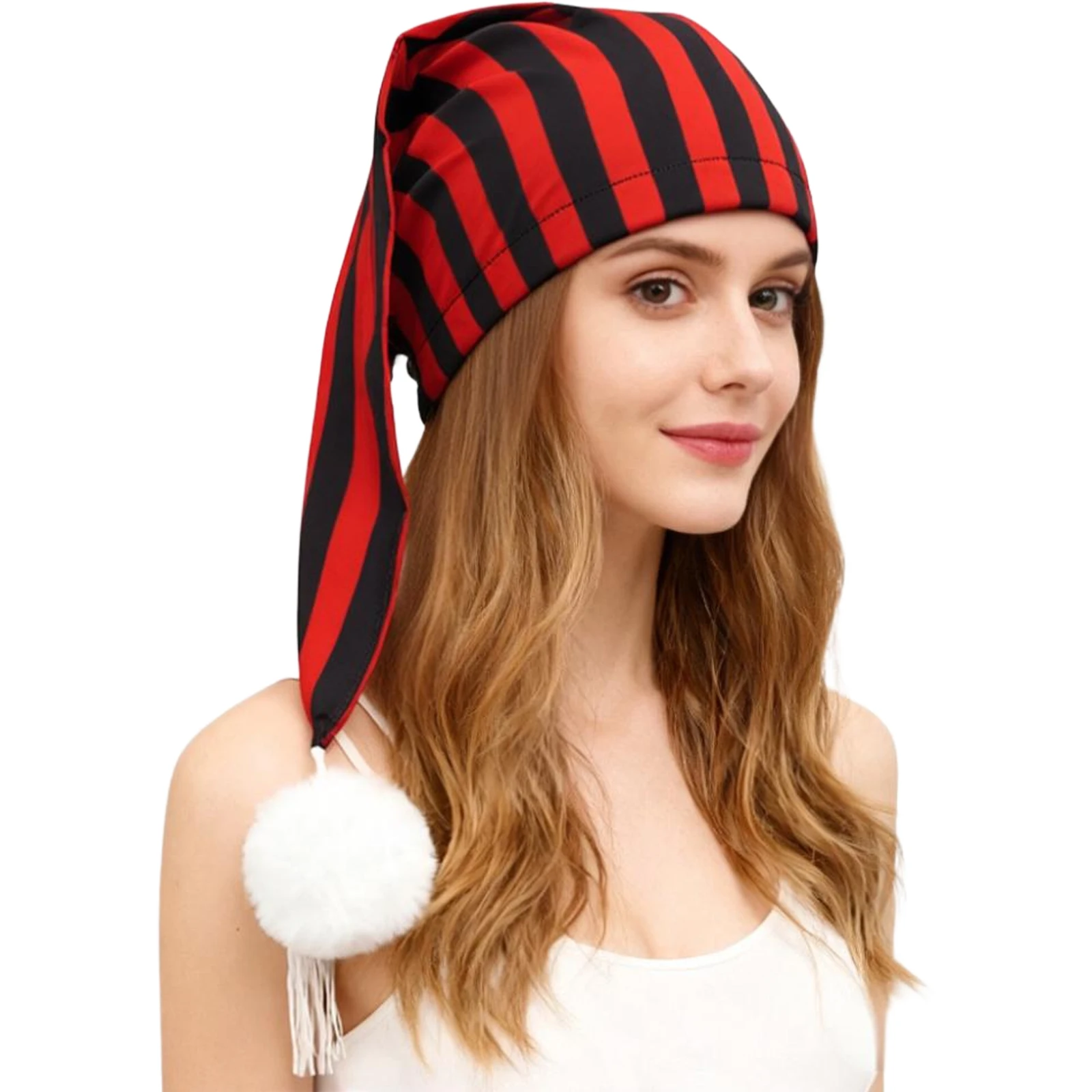 

Unisex Long Tube Hat Adjustable Drawstring Night Sleeping Hat Cap with Pom Ball Costume Accessory for Halloween Party Daily Use