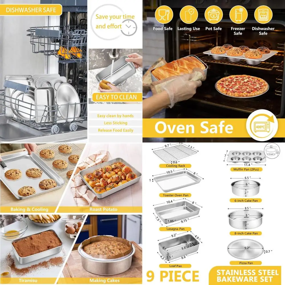 

9-Piece Kitchen Baking Set: Toaster Oven, Cooling Rack, Lasagna, Round Cakes, Muffins, Loaves, Pizza - Durable & Dishwasher Safe