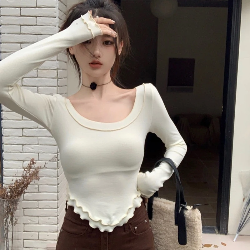 Women's Korean White Ruffle Trim U-Neck Long Sleeve T-Shirt Slim Fit Figure-Flattering Base Layer Tee Casual New Arrival
