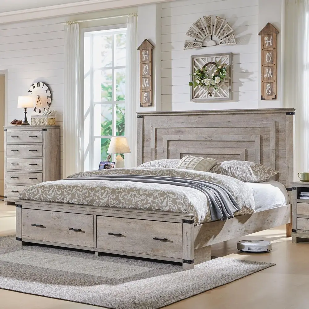 

Farmhouse Queen Size Bed Frame w 54 Tall Geometric Headboard, Rustic Wood Platform Bed w 2 Large Storage Drawers, Wood Slats Su