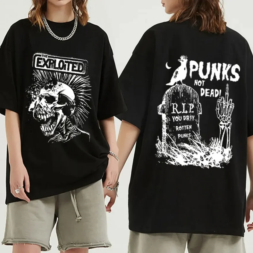 Rock Band The Exploited Retro Graphic Tee Shirt Punks Not Dead Streetwear T-shirt Men's Women Hip Hop 100% Cotton Oversized Tees