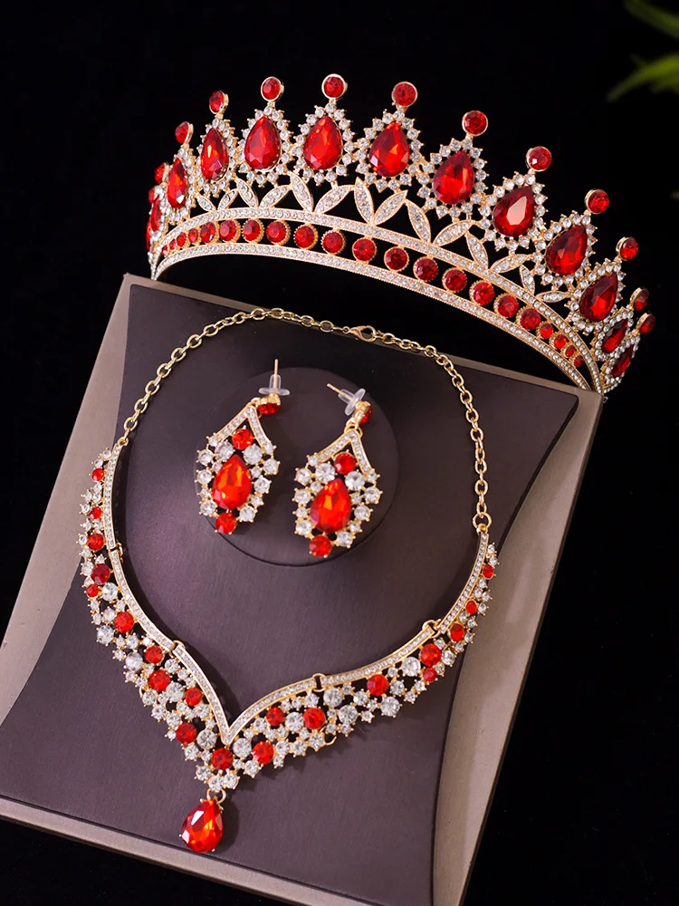 DIEZI 4 Style Elegant Bridal Crown Women Gilrs Wedding Princess Queen Korean Red Crystal Tiaras Necklace Earrings Jewelry Sets