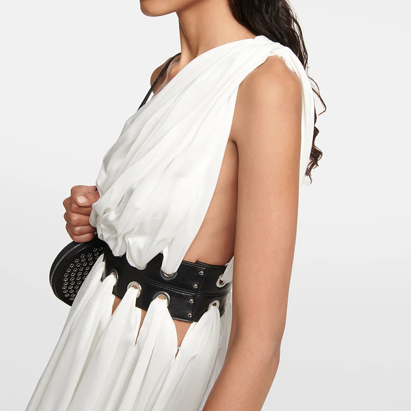 Women White Leather Trim Hollow Out Mini Dress Sexy Sleeveless Slash Neck Halter Backless Vestidos Fashion High Street Robe