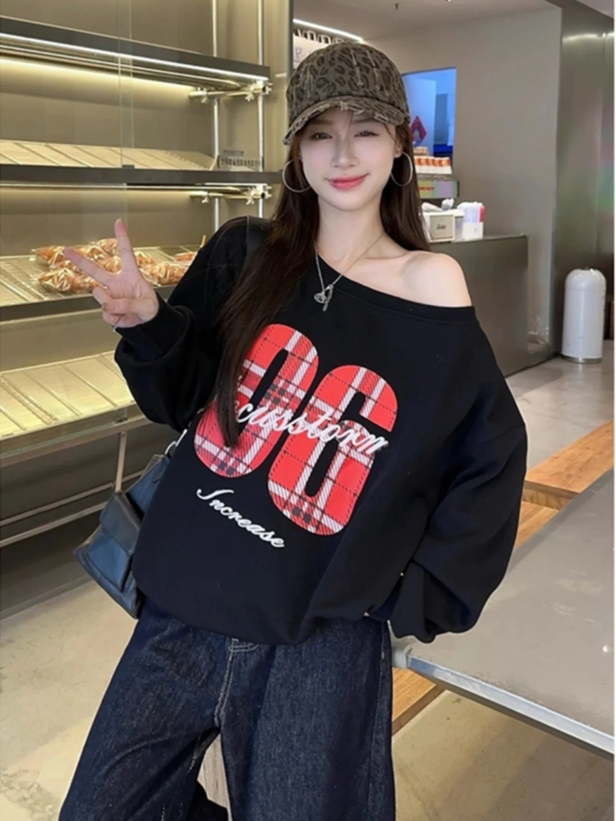 So Lazy, Casual and Young Adult! American Street Feeling Slant Shoulder Loose Sweater Big Neckline Sports Sle off Shoulder ...