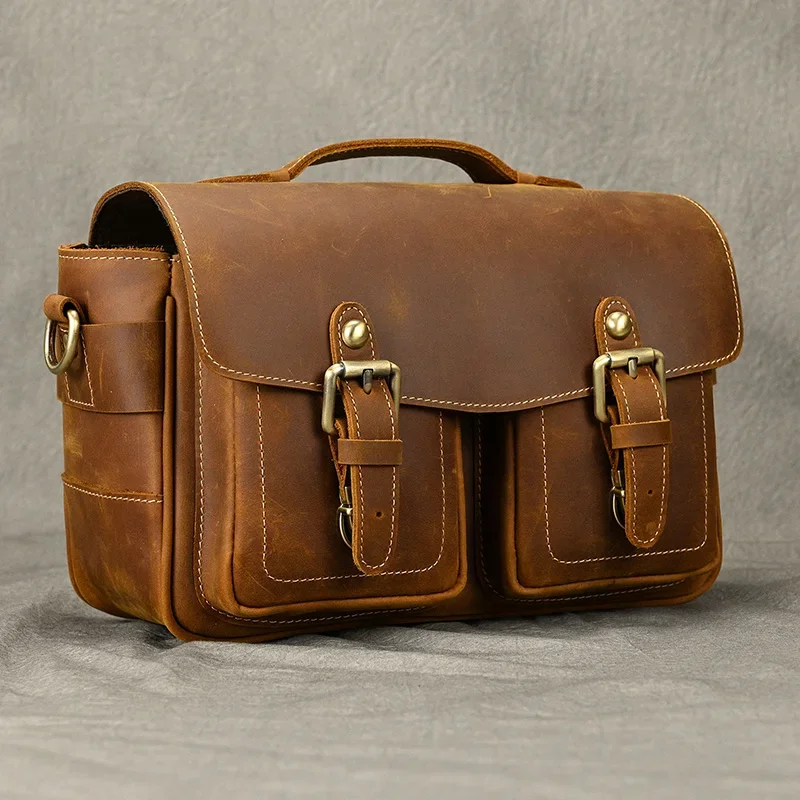 حقائب رجالية كلاسيكية كريزي هورس جلد طبيعي ذكر حقيبة ساعي حقائب كتف حقيبة كروسبودي للرجال والنساء حقيبة كاميرا جلدية #3