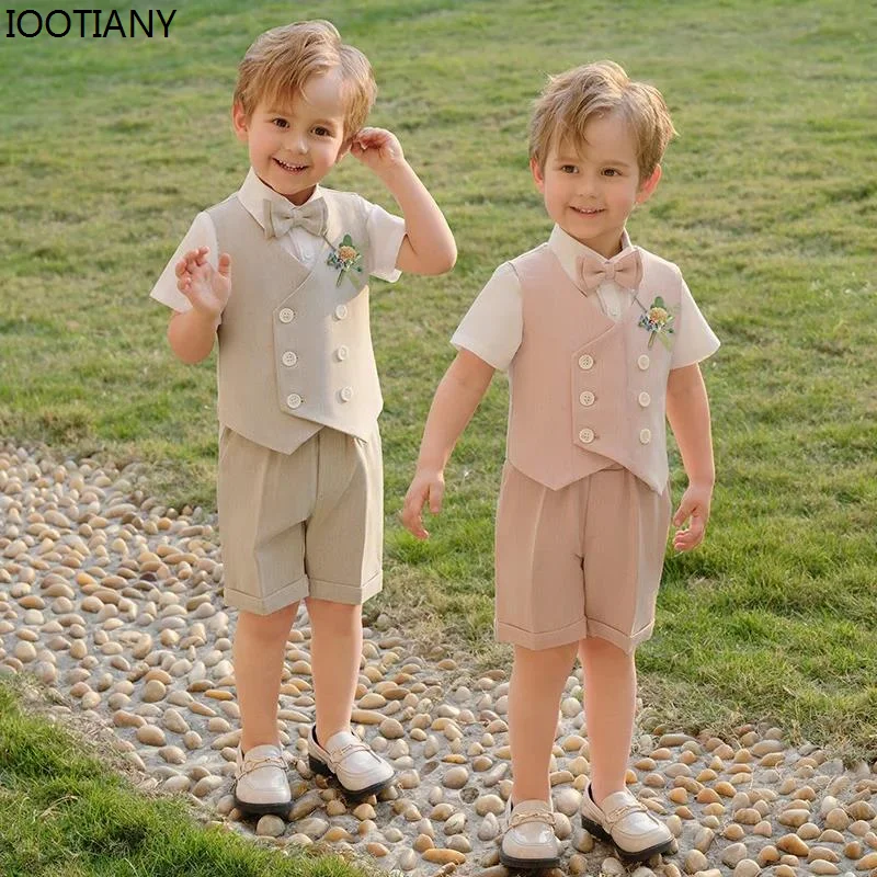 2024 Children\'s Summer Vest Suits Set Korean Boys Waistcost Shorts Bowtie Flower Costumes Baby Kids Wedding Birthday Party Dress