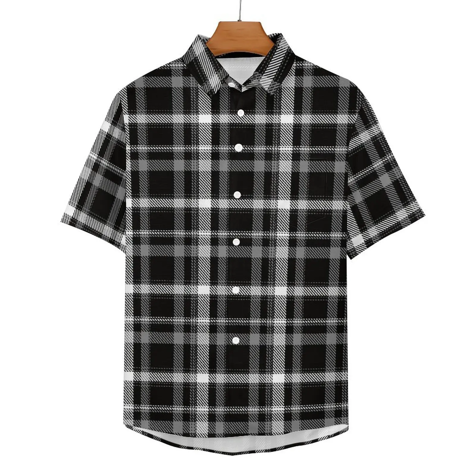 

Retro Plaid Vacation Shirt Black White Check Hawaiian Casual Shirts Male Street Style Blouses Short Sleeve Design Tops Plus Size