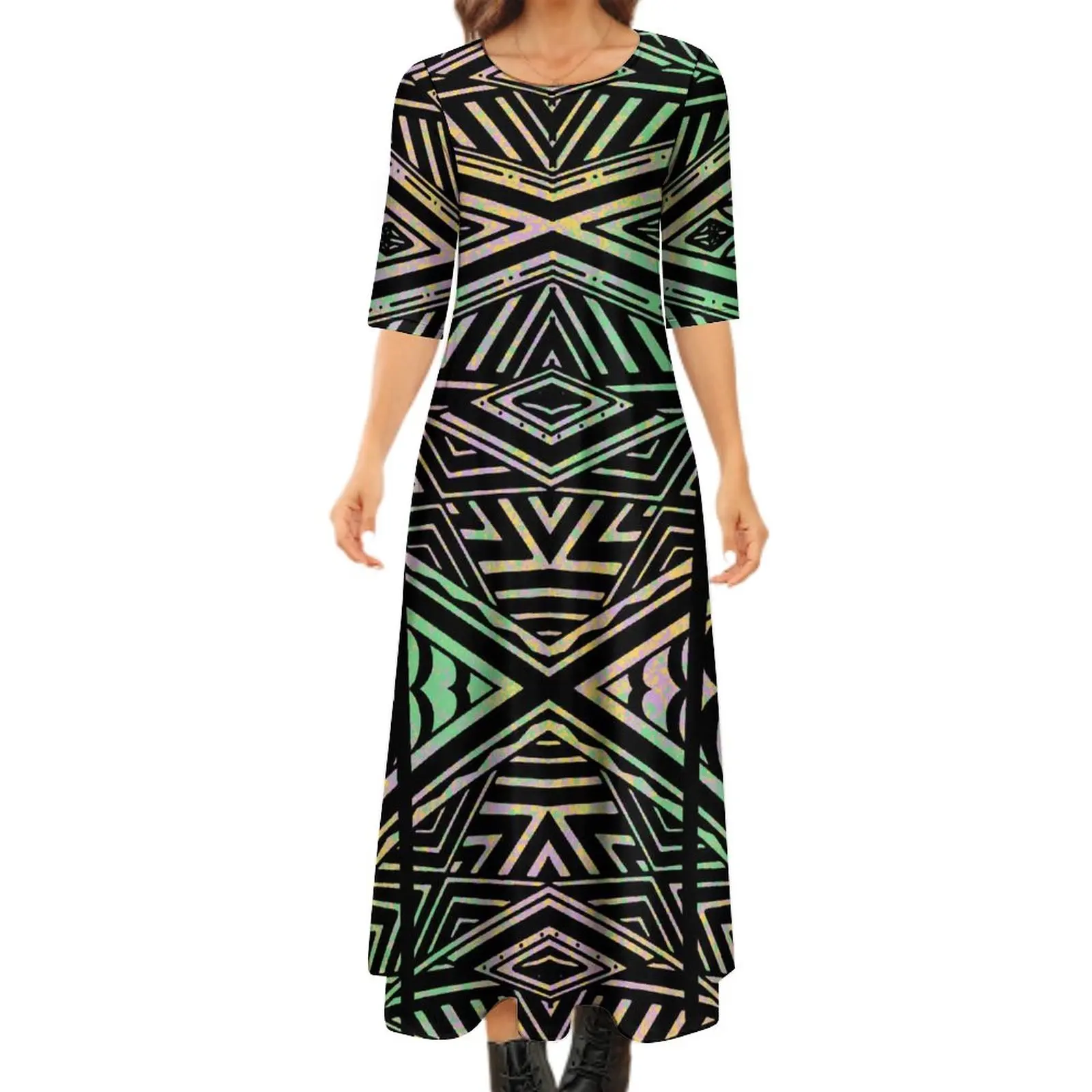 PIA-Tribal Tapa padrão maxi vestido para mulheres, vestido de várias camadas, personalizado Samoa e arte polinésia, arte do verão, novo