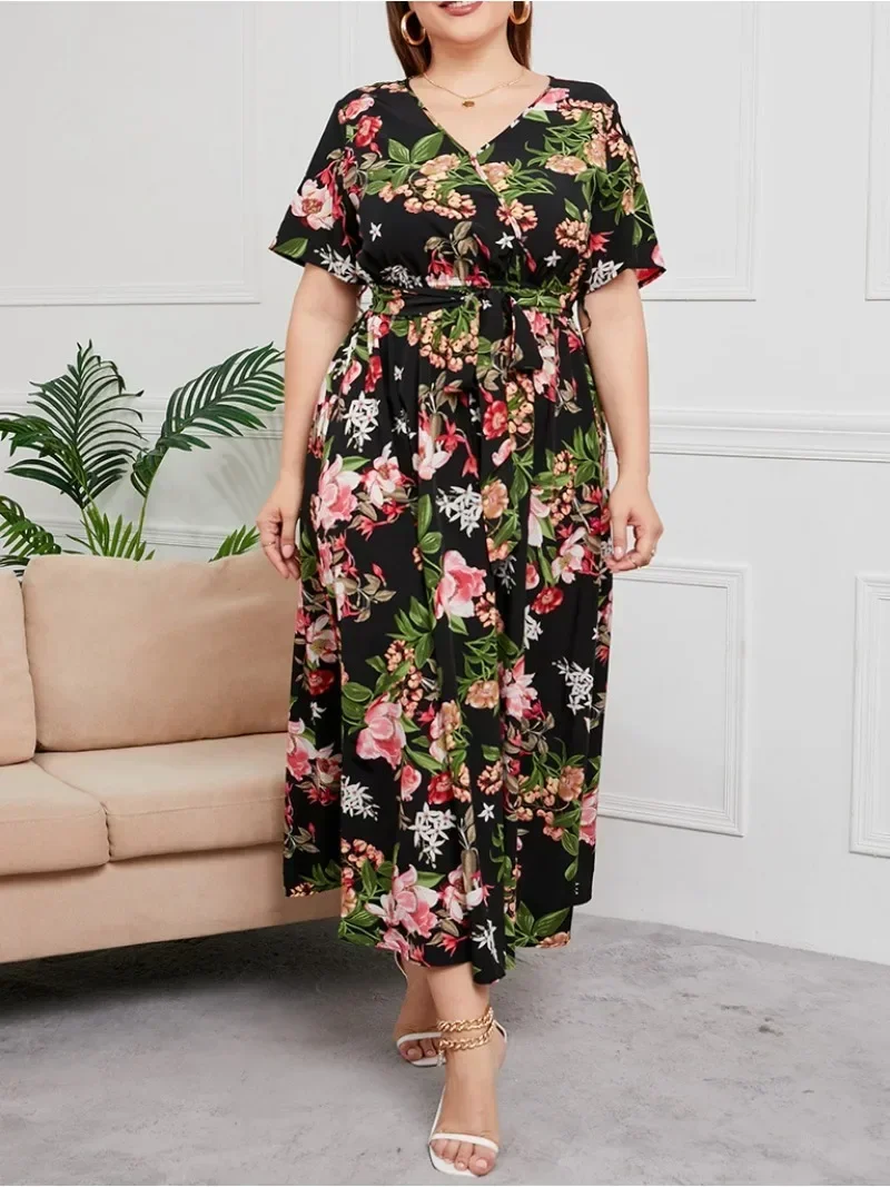 Moda damska Wysoka talia Modna sukienka z dekoltem w szpic o średniej długości Plus Size 1XL-5XL Temperament Nadrukowana czarna seksowna modna