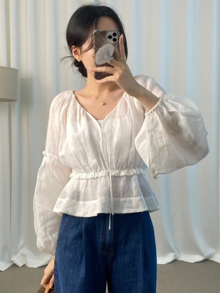 

Women's V-ne Bubble Sve irt Dstring Waist Pure Color Top Summer New Sle Versatile Gentle Wind Faion Design