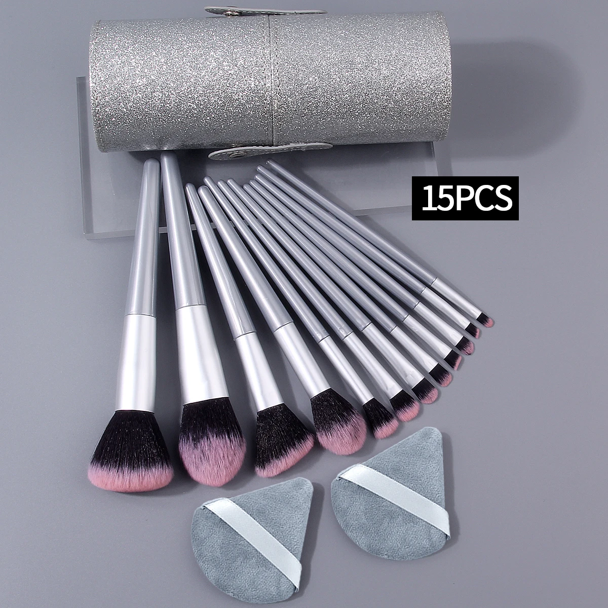 Conjunto de pincéis de maquiagem multifuncional de alto nível de aparência, 15 peças e sopro de pó de maquiagem triangular + balde de armazenamento de grande capacidade
