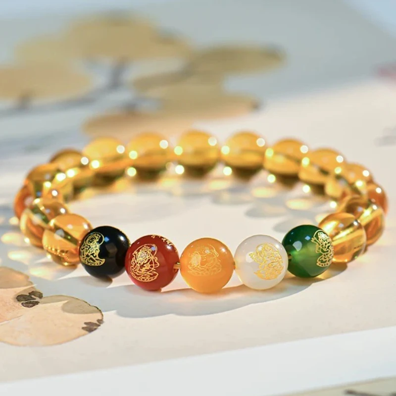 HQ الطبيعية الأصفر كريستال أساور خمسة الطرق إله الثروة النمط الصيني حسن الحظ سوار مُزين بالخرز تميمة مجوهرات هدايا زوجين #5