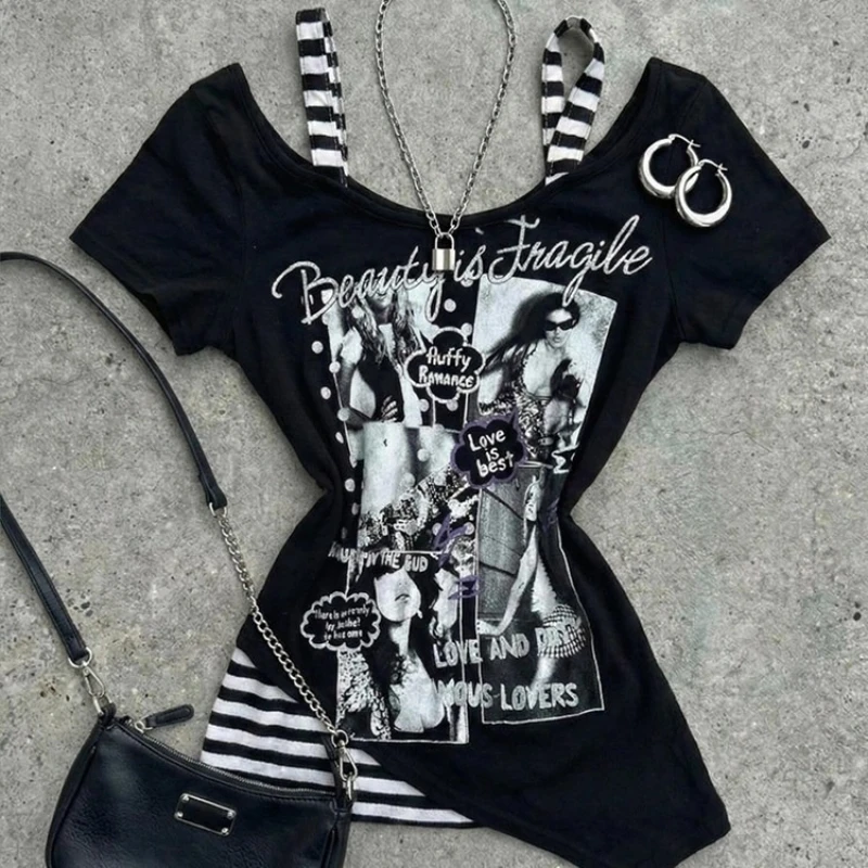 Y2K Grunge Off-shoulder T-Shirt Black Striped Straps Collage Graphic Ruched Waist Vintage Magazine Print Aesthetic Tee E-girls