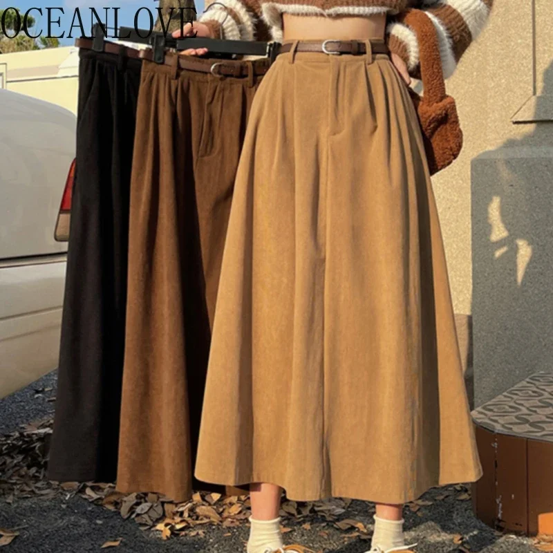 

OCEANLOVE Corduroy Solid Women Skirts Preppy Style Sweet Autumn Winter Faldas Mujer Korean Fashion A-line Retro Long Skirt