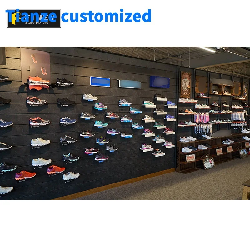 （customized）Custom Shoes Shop Design Price MDF Metal Paint Sport Shoes Store Wall Display Rack