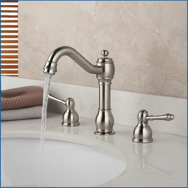 

Solid Brass Vessel Nickel Brush 3 Pcs Bathroom Accessories Sink Tap Dual Handles Bathtub Mixer Faucet Swivel Spray