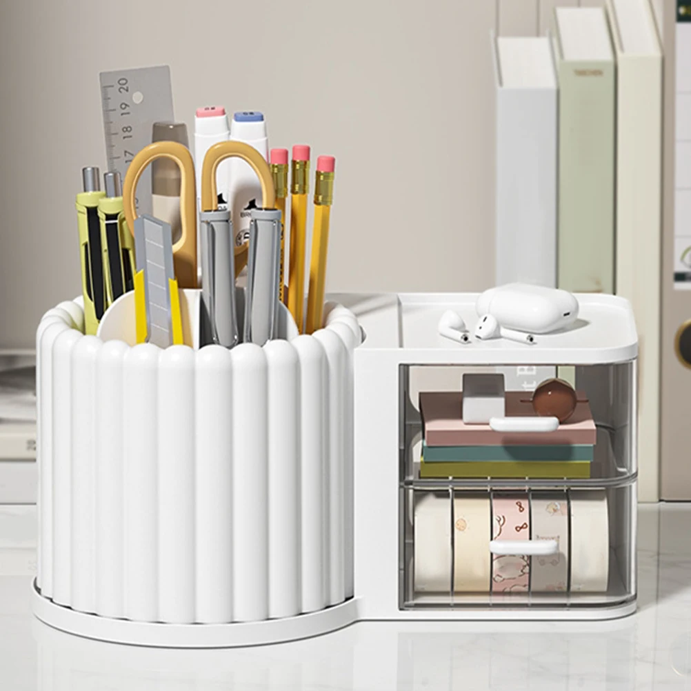 Rotating Pen Holder Storage Box Desk Organizer with Drawer Spinning Pencil Makeup Brush Desktop Multifunction