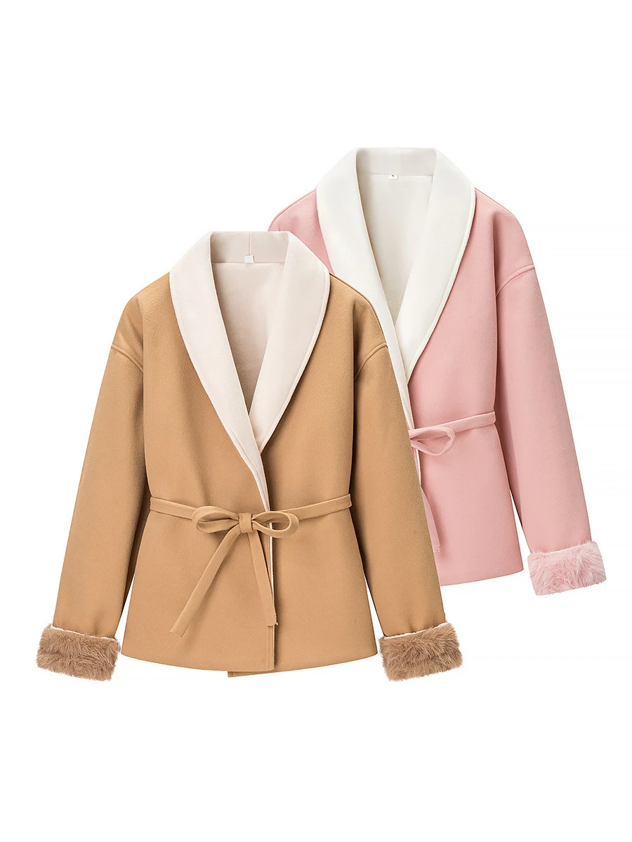 Nueva ropa de mujer europea y americana de otoño e invierno, temperamento femenino, puños peludos, chaqueta de abrigo de lana, 2025
