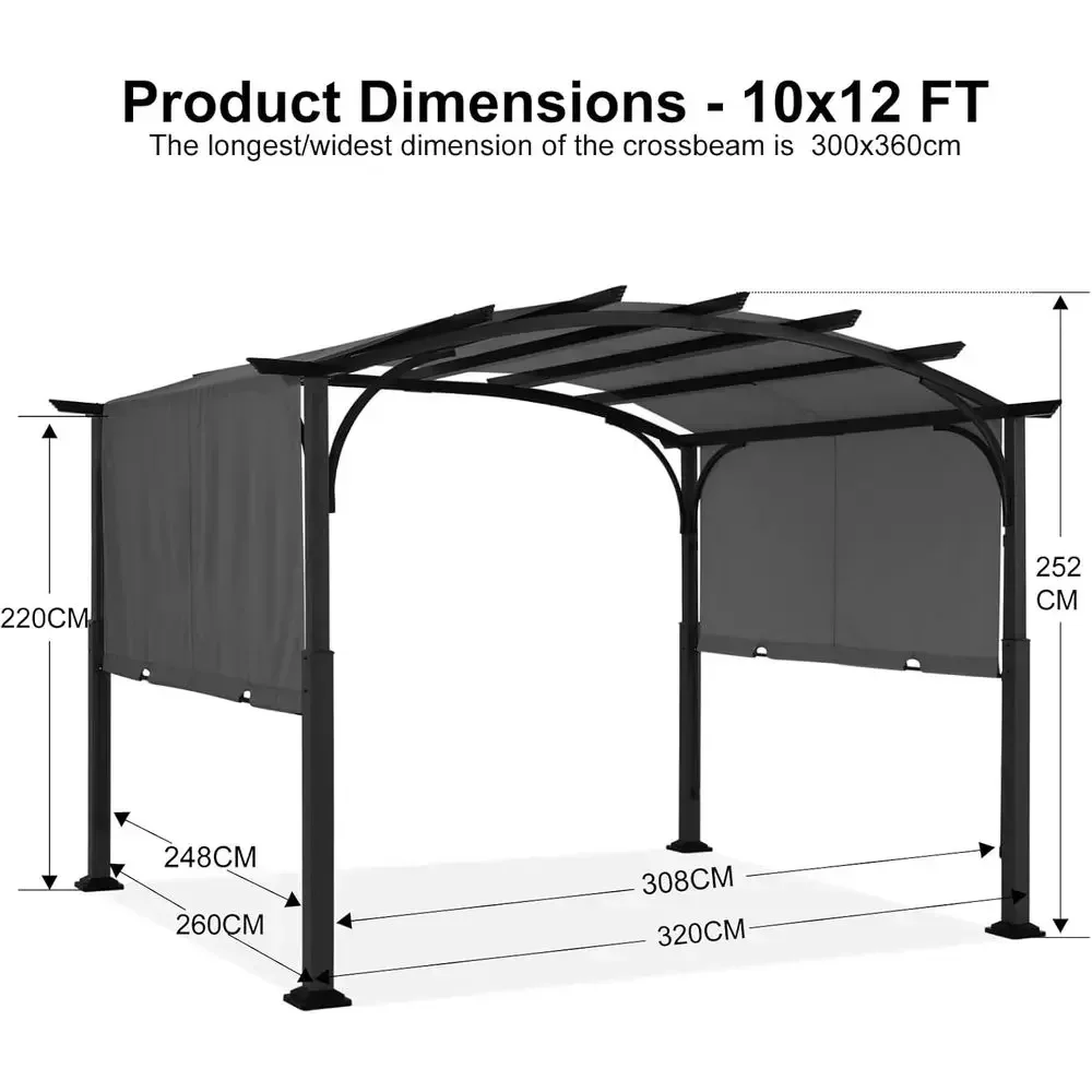 10x12ft Arched Patio Pergola with Retractable Shade, Gray