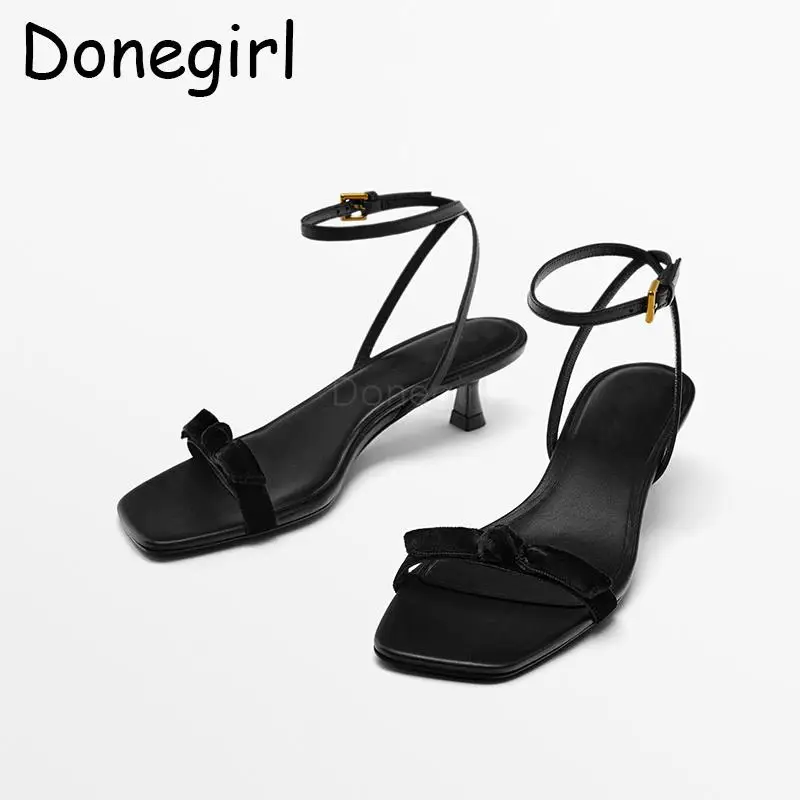 

Donegirl 2024 New Women Summer Fashion Leather One Character Strip Sandals Elegant Simple Shoes Square Head Slender Heel Chic