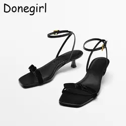 Donegirl 2024 New Women Summer Fashion Leather One Character Strip Sandals Elegant Simple Shoes Square Head Slender Heel Chic