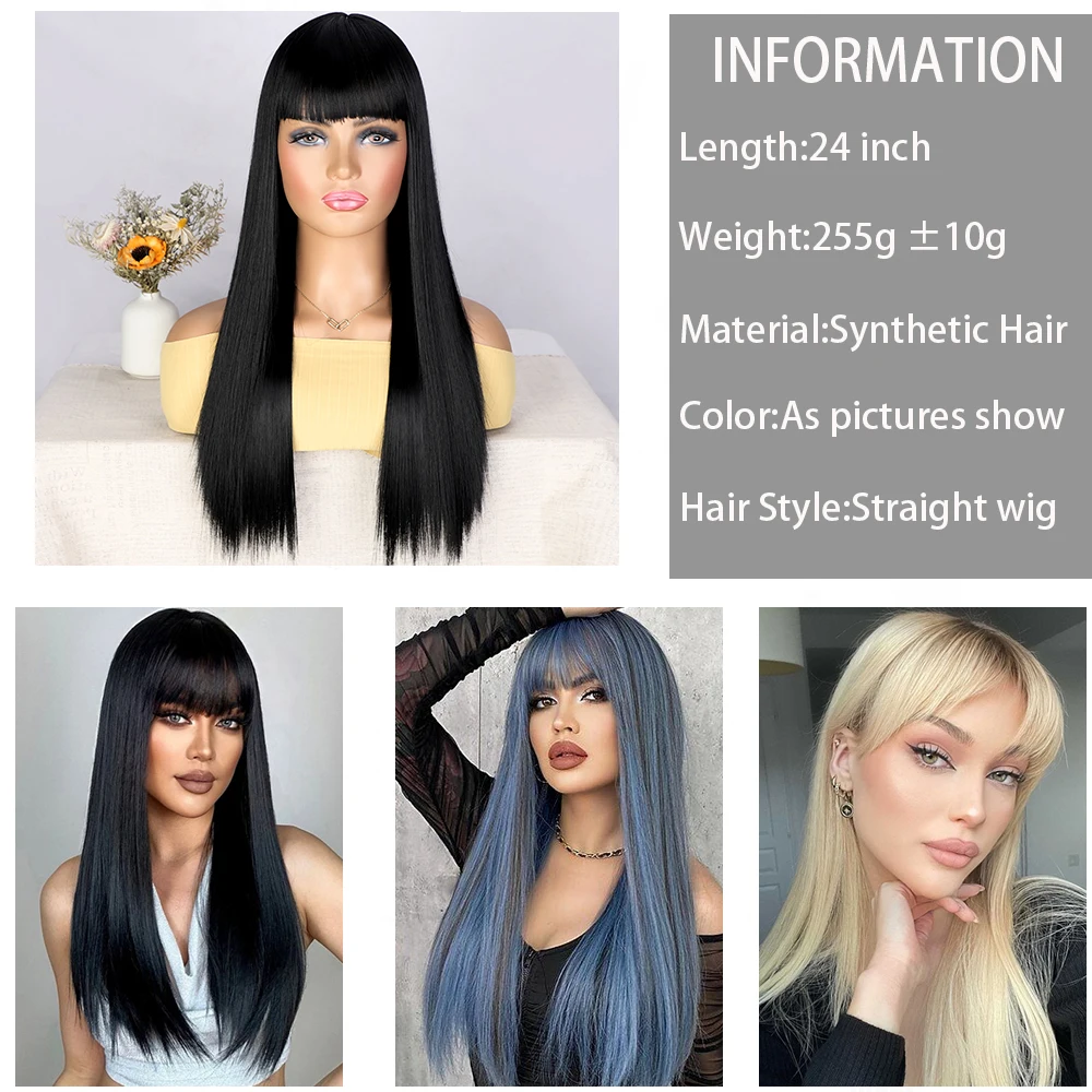 Wig rambut lurus hitam dengan poni Wig lurus alami panjang untuk wanita penggunaan sehari-hari Wig tahan panas sintetis Cosplay Lolita