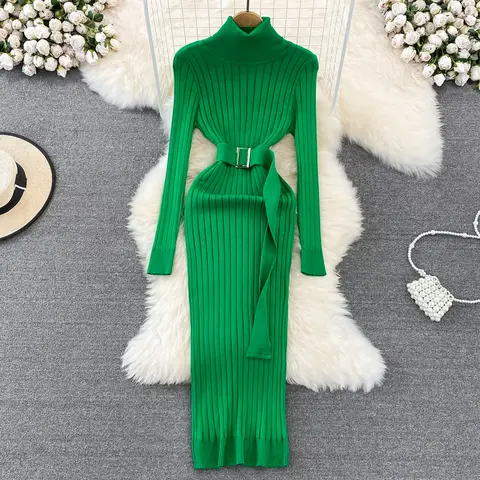 YuooMuoo Ins Dolcevita caldo Sexy Wrap Fianchi Abiti lavorati a maglia Donna 2025 Autunno Inverno Manica lunga Aderente Abito maglione con cintura