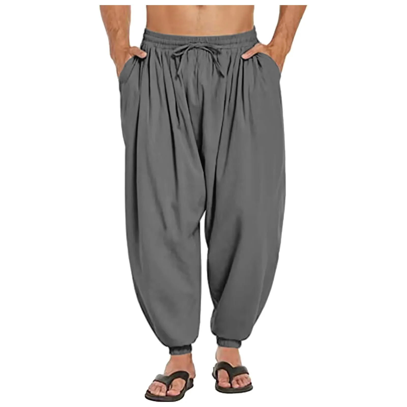 Pantaloni da Yoga in lino da uomo elastico in vita con coulisse da spiaggia pantaloni larghi Casual affusolati costume da bagno da uomo Ling