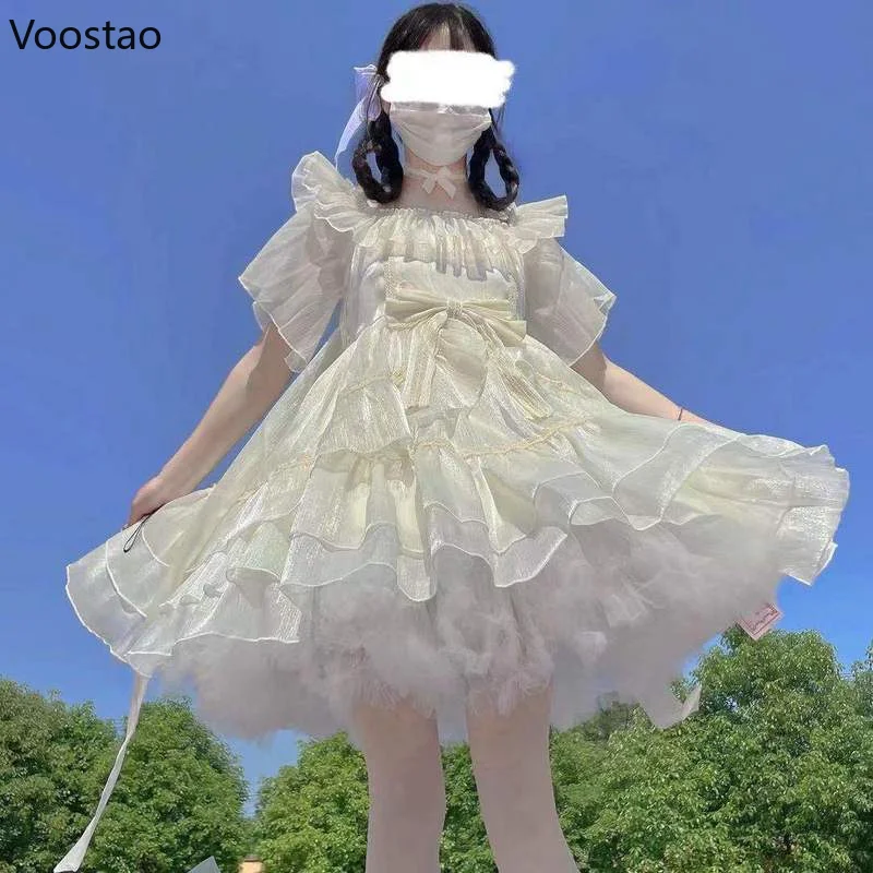 Giapponese dolce notte artica Lolita vestito da principessa ragazze carino Chic volant fiocco di pizzo abiti da festa donne Kawaii blu Mini abiti