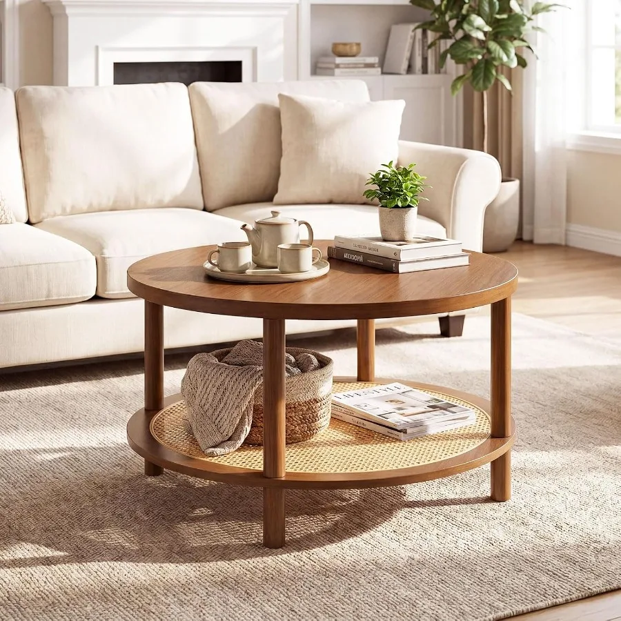 Rattan Coffee Table for Living Room, Natural Rattan with Solid Rubber Wood Legs, Beige-Neutral Tone, Space-Saving Design with H
