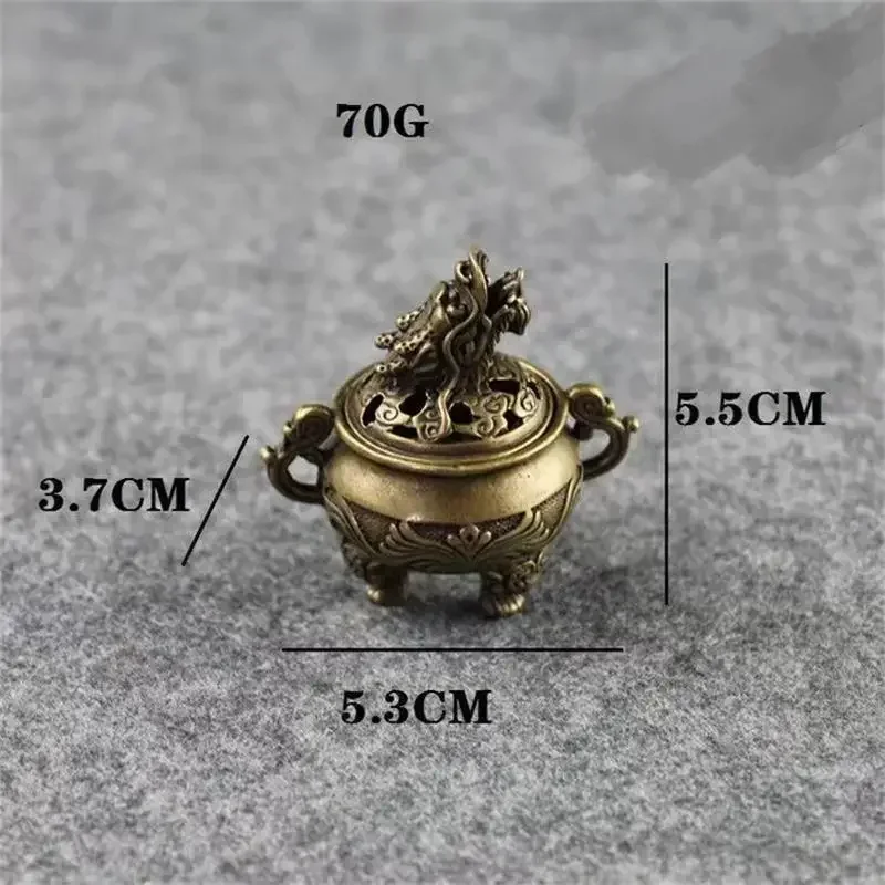 Antique Copper Tripod Incense Burner with Dragon Head Cover Brass Caldron Censer Chinese Pattern Incense Holder Home Desk Decor