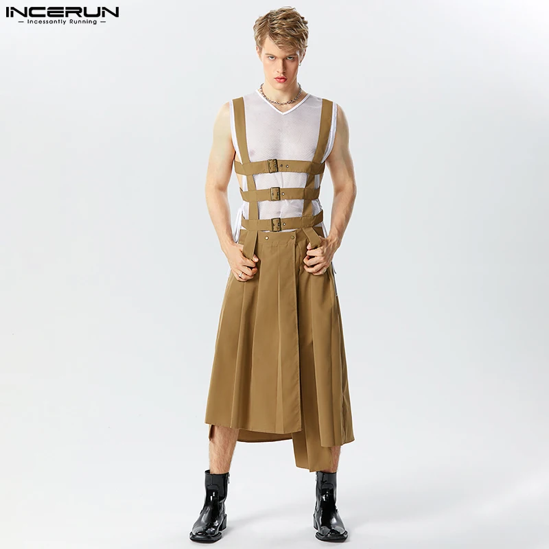 INCERUN 2023 American Style Mens Pleated Design Skirts Pants Casual Street Irregular Hem Solid Straps Half Skirt Jumpsuits S-5XL