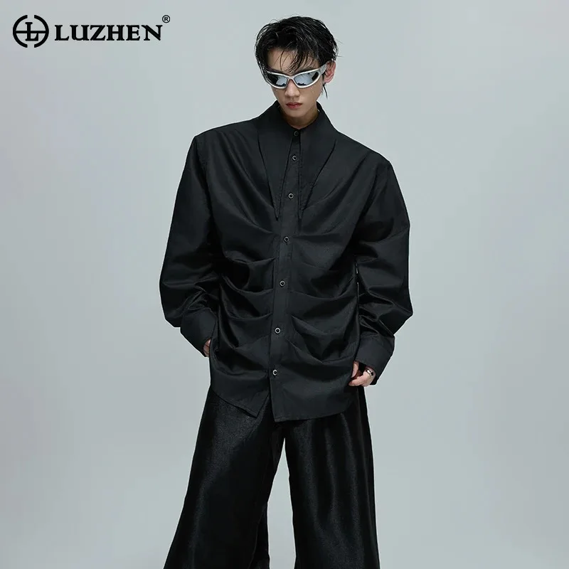 

LUZHEN Stylish Original Fold Design Loose Shirts Men's 2025 Autumn High Quality Solid Color Handsome Casual Tops Clothes JY4354