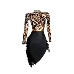 Leopard Bodysuit Irregular Design Female Latin Dance Skirt for Women Dress Competition Ballroom Dancing Costume ADL27+ADL21