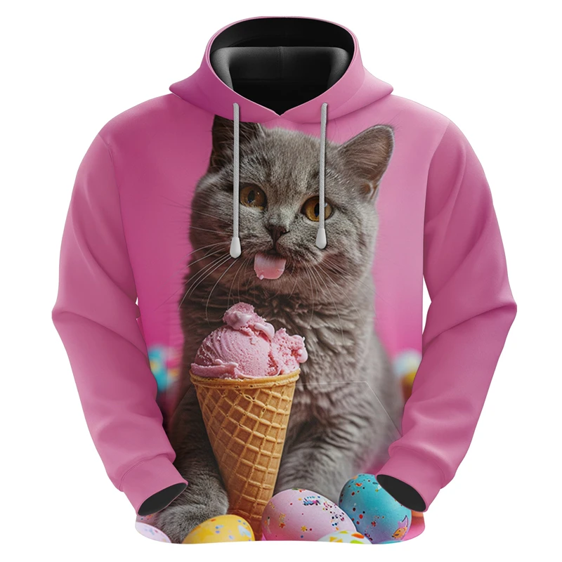 Cute Cats Pattern Hoodies Fashion Men Women 3D Ice Cream Printed Hooded Sweatshirt Casual Cat Lover Pullovers Loose Kids Tops