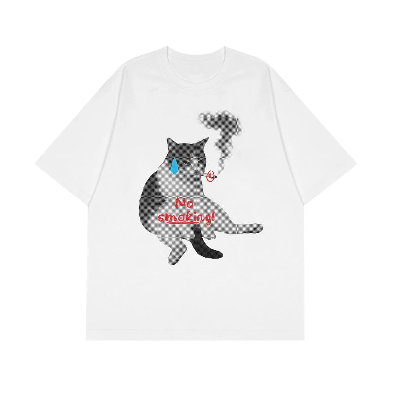 

"no Smoking" American Fun Cat T-shirt Hand-painted Graffiti Instagram Creative Short-sleeved Men's and Women's Casual