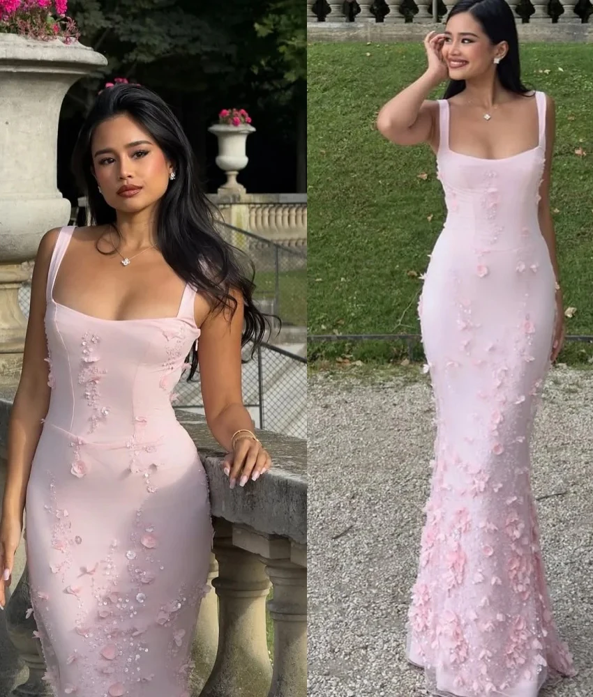 

Customized Sexy Organza Mermaid Spaghetti Straps Appliques Sequined 3D Flowers Evening Dress Delicate Square Neck prom dresses