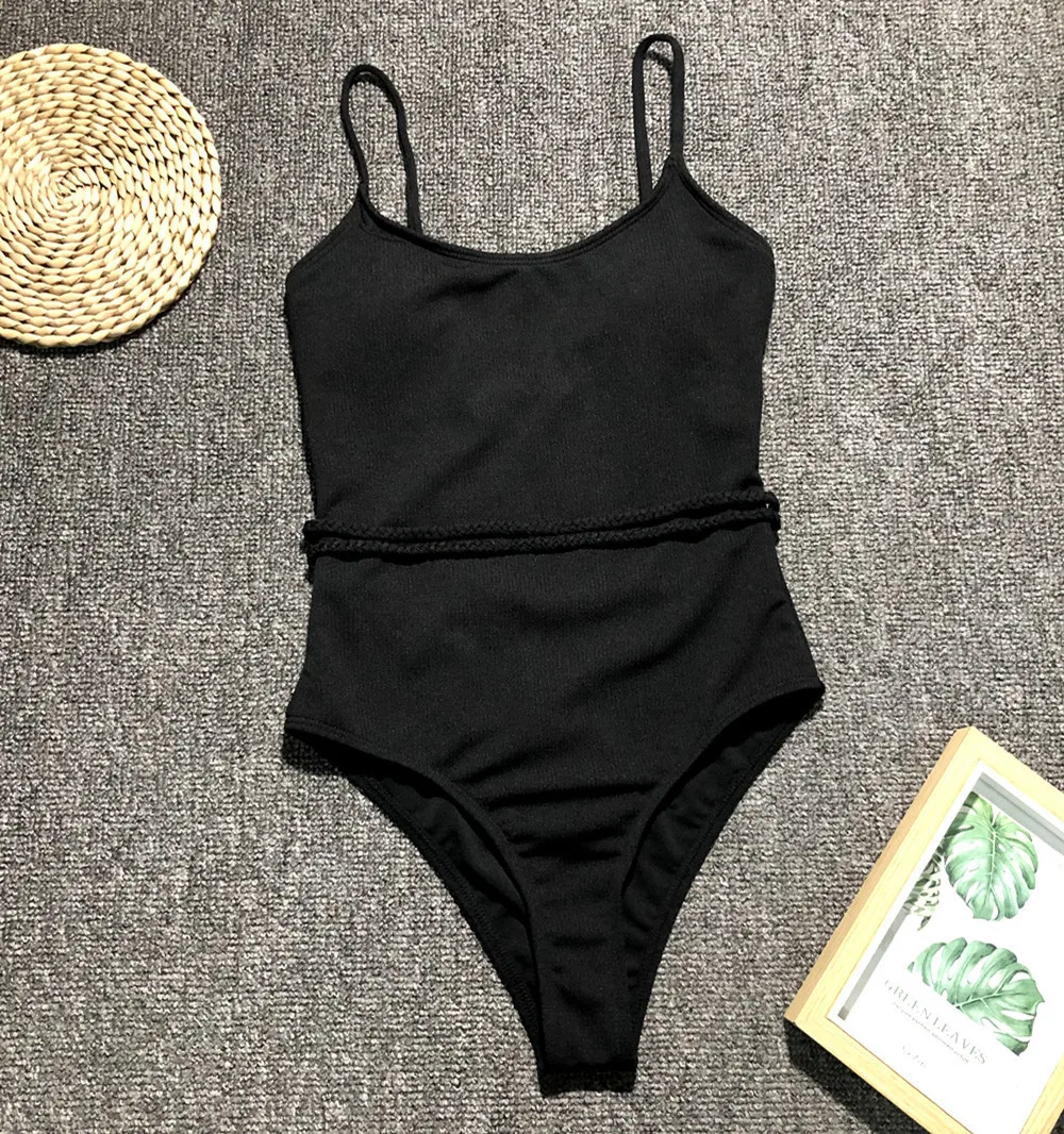 Bikini de una pieza con cinturón para mujer, traje de baño liso con realce, Halter, ropa de playa