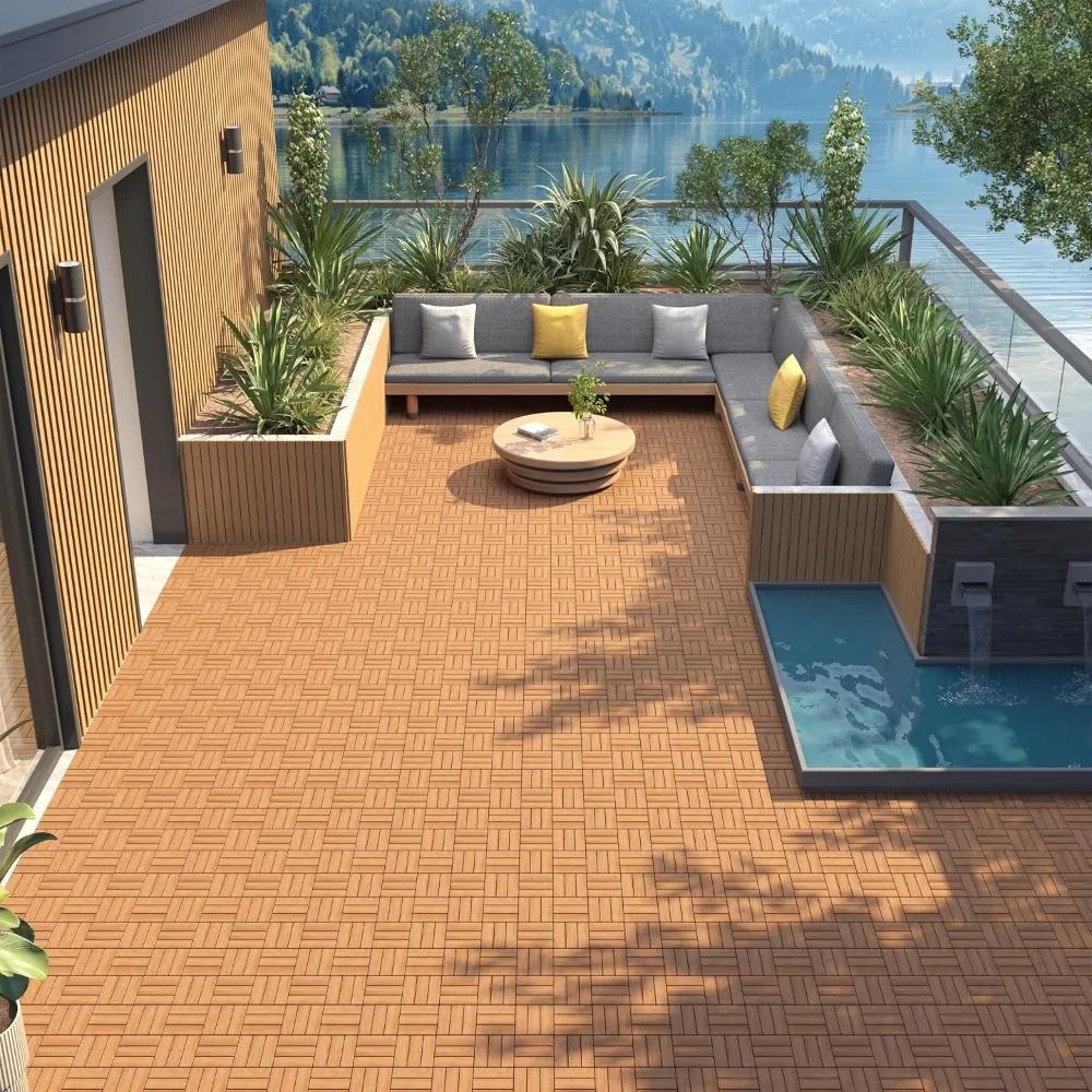 27PCS Acacia Wood Deck Tiles Interlocking Patio Flooring, 12x12 inch