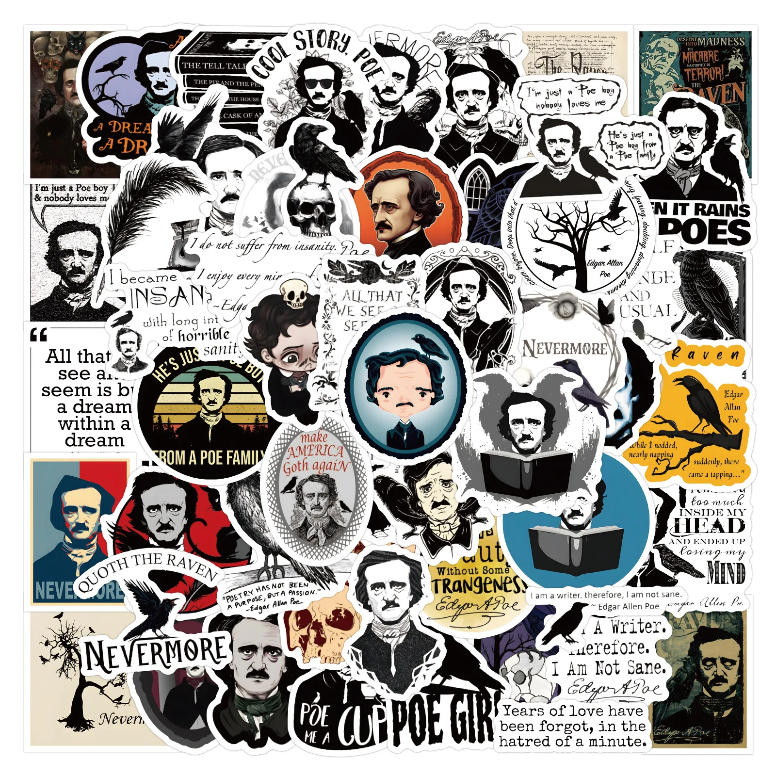

10/60PCS Gothic Poet Stickers Edgar Allan Poe Graffiti Sticker DIY Decoration Suitcase Fridge Laptop Guitar Car Bike Decals Toys