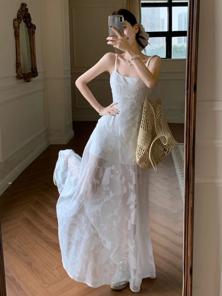 พิมพ์ลูกไม้ Camis ชุดผู้หญิงฤดูร้อน Holiday ชุดยาวสายเกาหลีแฟชั่นเซ็กซี่สูงเอวสปาเก็ตตี้ Vestidos De Mujer