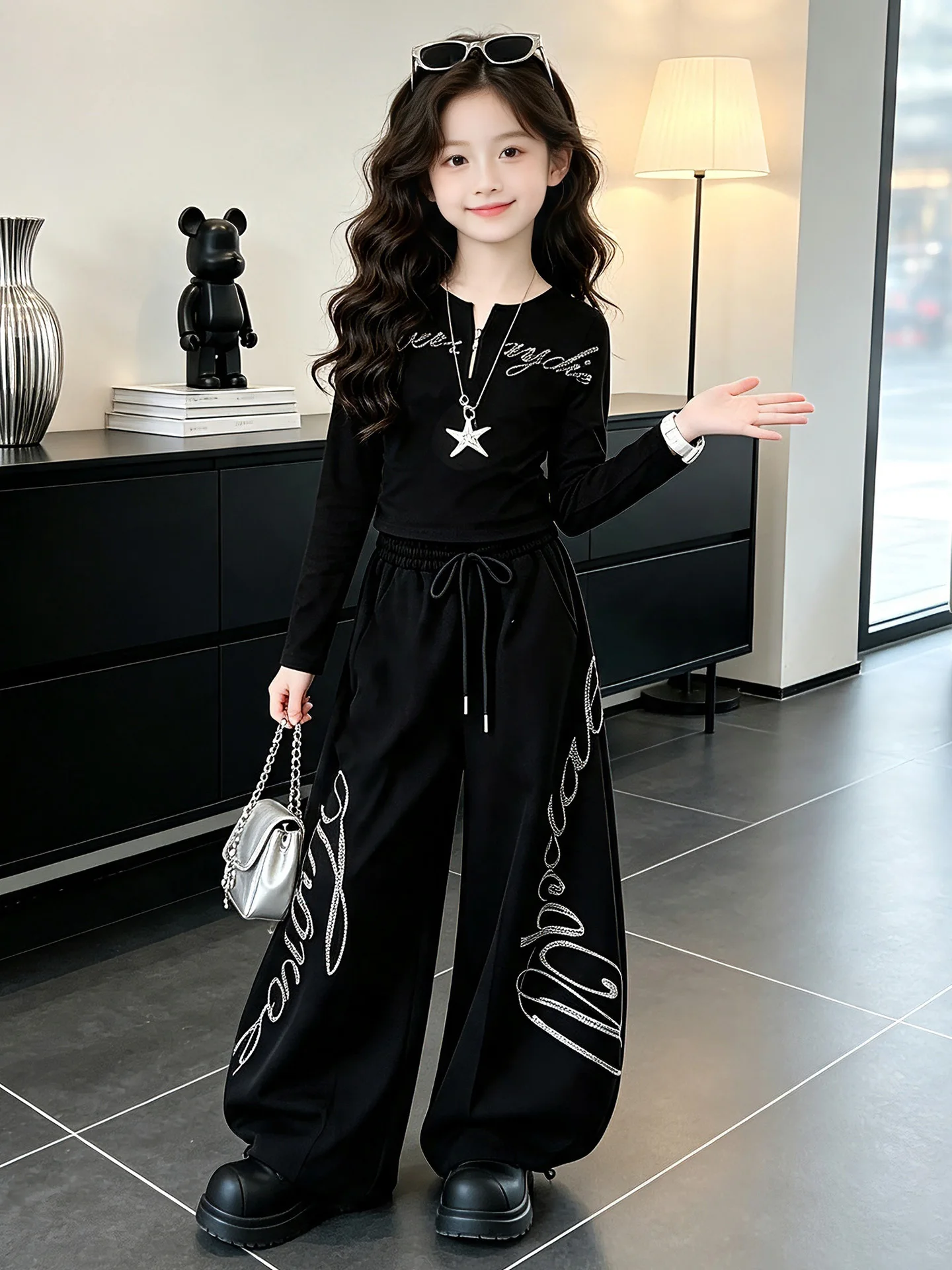 Girls Casual Short Sweatshirt And Pants Set Jazz Street Dance Two Piece Suit Autumn Fashionable Children's Wear Polyester Fiber