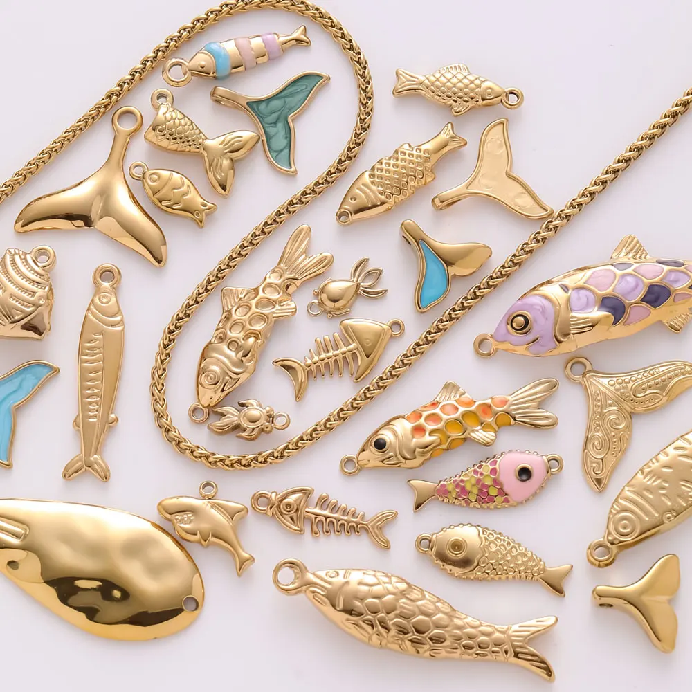 

6pcs Real Gold Plated Enamel Fish Charm For Jewelry Making Supplies Fishbone Pendant Stainless Steel Charm DIY Handmade Material