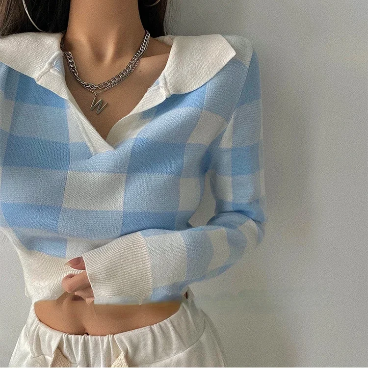 Herbst Vintage Stricken Crop Tops Frauen Pullover Pullover Weibliche Lange Hülse Elastische Beiläufige Plaid Gestrickte Shirts