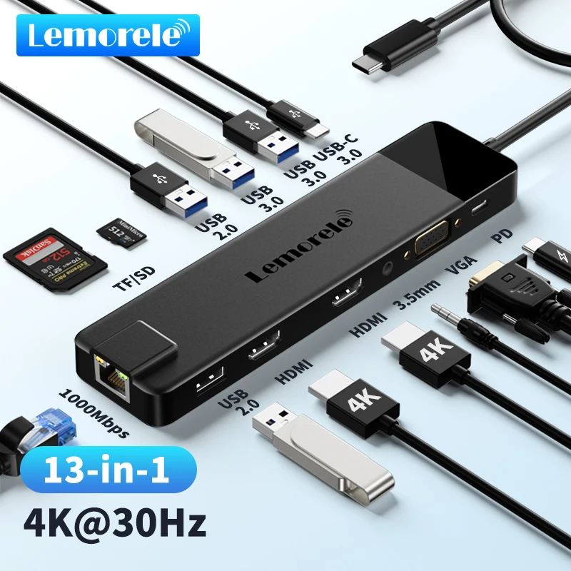 Lemorele Usb C Hub 13IN1 4K30Hz 2xHDMI 4xUSB-A 3.0/2.0 RJ45-1000M 3.5MM Audio Docking Station For Laptop pro/air DellAccessories