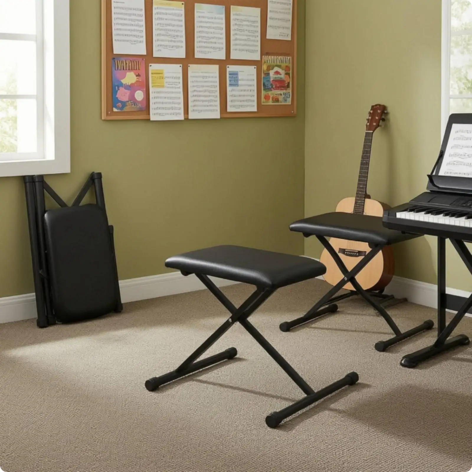 Sturdy Folding Piano Bench Adjustable Height Keyboard Stool with Padded for seat for Musicians Practice Performance Studio Use