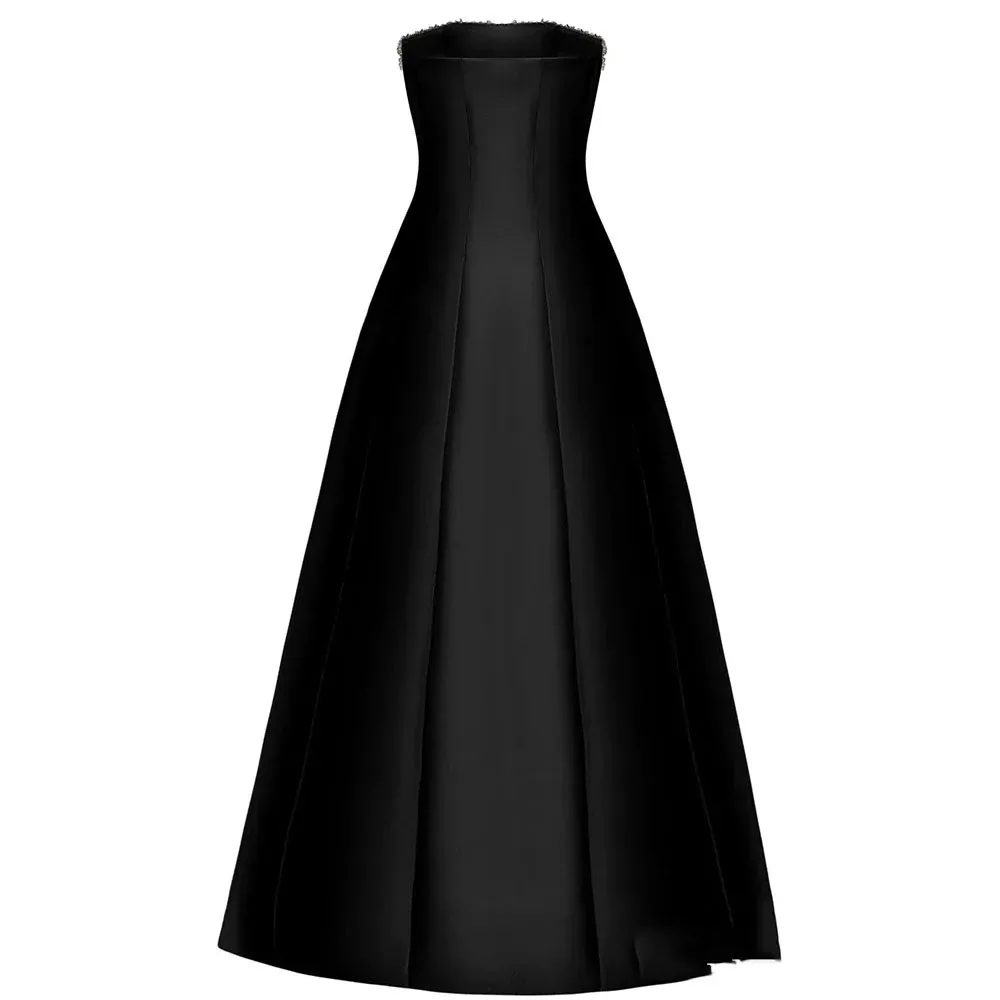 Sexy Black Prom Dress Crystals Strapless Sleeveless A Line Satin Evening Dresses with Pockets Ankle Length Cocktail PartySY-008