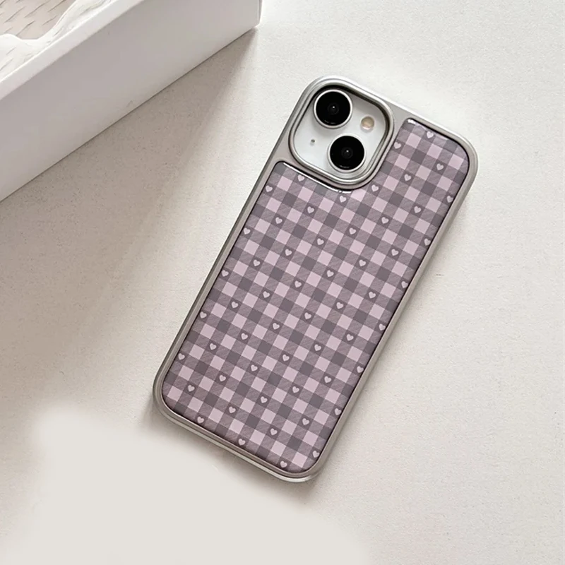 Pink Purple Heart-Shaped Checkered Korean ins Girl Heart Cute Phone Case For Samsung S 23 24 25 26 FE ULTRA EDGE PLUS Y2K Cover view 2