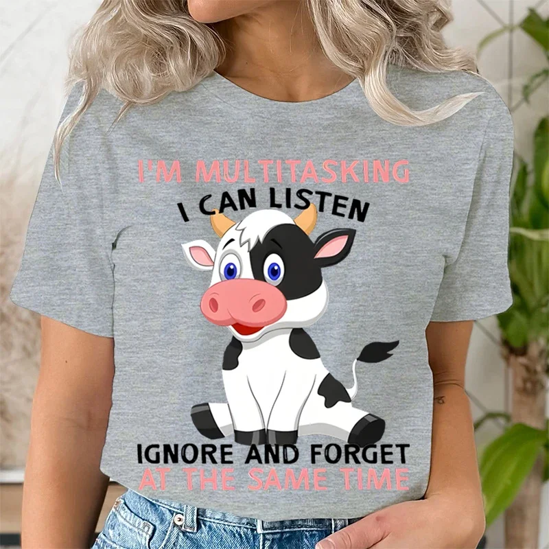Litter Cute Cow Print Short Sleeved T-shirts I\'M MULTITASKING Graphic Tshirts Women Crew Neck Women\'s T-shirt Summer Casual Tops