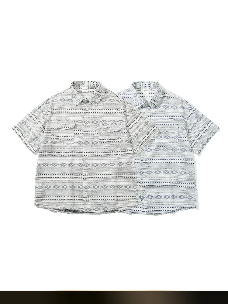 

Nted Japanese Retro Ethnic Print ort Sve irt Men's Summer Loose ket Workwear irt Jaet Cotton Polyester Blend